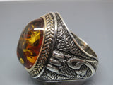 Turkish Handmade Jewelry 925 Sterling Silver Amber Stone Mens Rings