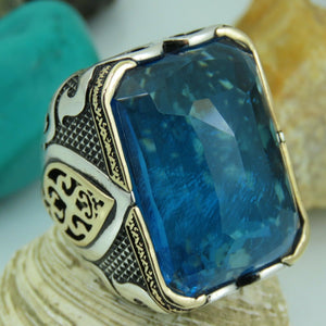 Turkish Handmade Jewelry 925 Sterling Silver Aquamarine Stone Mens Rings