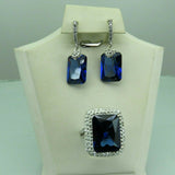 Turkish Handmade Jewelry 925 Sterling Silver Sapphire Stone Women's Earrings & Ring Jewelry Set