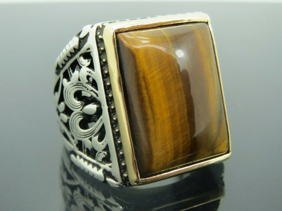 Turkish Handmade Jewelry 925 Sterling Silver Tiger's Eye Stone Mens Rings