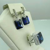 Turkish Handmade Jewelry 925 Sterling Silver Sapphire Stone Women's Earrings & Ring Jewelry Set