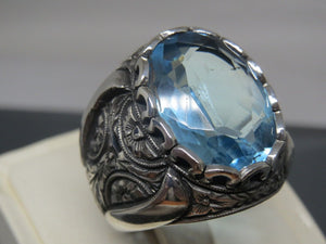 Turkish Handmade Jewelry 925 Sterling Silver Aquamarine Stone Mens Rings