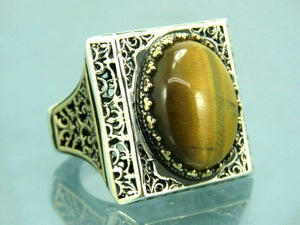 Turkish Handmade Jewelry 925 Sterling Silver Tiger's Eye Stone Mens Rings