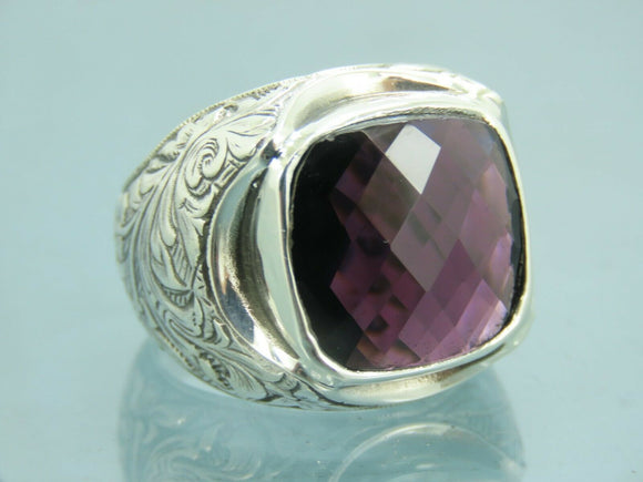 Turkish Handmade Jewelry 925 Sterling Silver Amethyst Stone Engraved Mens Rings