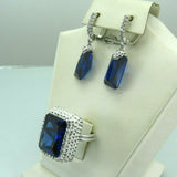 Turkish Handmade Jewelry 925 Sterling Silver Sapphire Stone Women's Earrings & Ring Jewelry Set