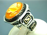 Turkish Handmade Jewelry 925 Sterling Silver Amber Stone Mens Rings