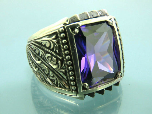 Turkish Handmade Jewelry 925 Sterling Silver Amethyst Stone Engraved Mens Rings