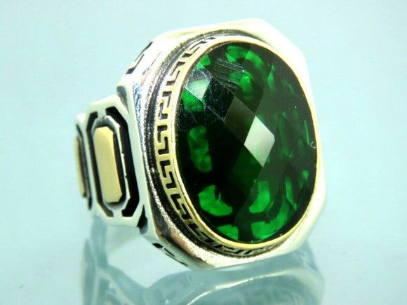 Turkish Handmade Jewelry 925 Sterling Silver Emerald Stone Mens Rings