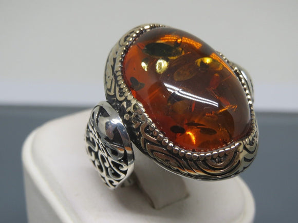 Turkish Handmade Jewelry 925 Sterling Silver Amber Stone Mens Rings