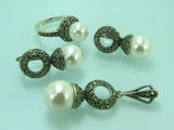 Turkish Handmade Jewelry 925 Sterling Silver Pearl Stone Women's Earrings, Pendant & Ring Jewelry Set