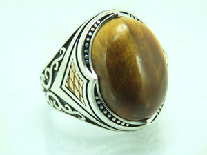 Turkish Handmade Jewelry 925 Sterling Silver Tiger's Eye Stone Mens Rings