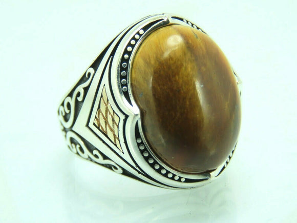 Turkish Handmade Jewelry 925 Sterling Silver Tiger's Eye Stone Mens Rings