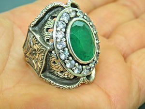 Turkish Handmade Jewelry 925 Sterling Silver Emerald Stone Mens Rings