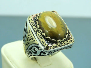 Turkish Handmade Jewelry 925 Sterling Silver Tiger's Eye Stone Mens Rings