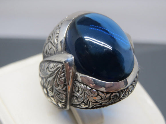 Turkish Handmade Jewelry 925 Sterling Silver Sapphire Stone Engraved Mens Rings