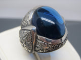Turkish Handmade Jewelry 925 Sterling Silver Sapphire Stone Engraved Mens Rings