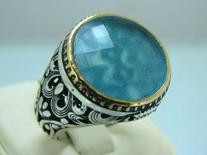 Turkish Handmade Jewelry 925 Sterling Silver Aquamarine Stone Mens Rings