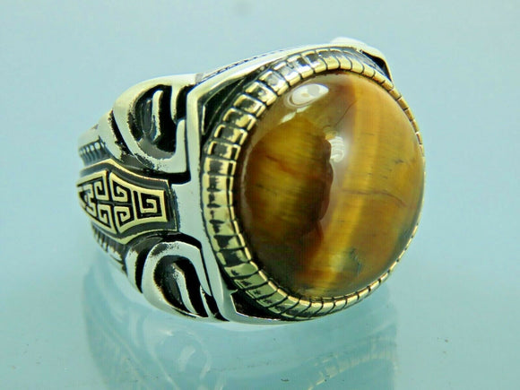 Turkish Handmade Jewelry 925 Sterling Silver Tiger's Eye Stone Mens Rings