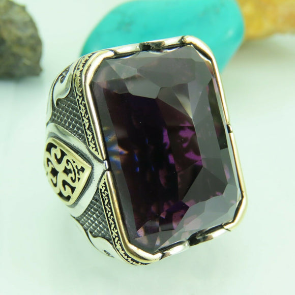 Turkish Handmade Jewelry 925 Sterling Silver Amethyst Stone Mens Rings