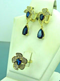 Turkish Handmade Jewelry 925 Sterling Silver Sapphire Stone Women's Earrings & Ring Jewelry Set