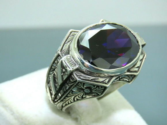 Turkish Handmade Jewelry 925 Sterling Silver Amethyst Stone Engraved Mens Rings