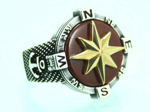 Turkish Handmade Jewelry 925 Sterling Silver Agate Stone Marine Design Mens Rings