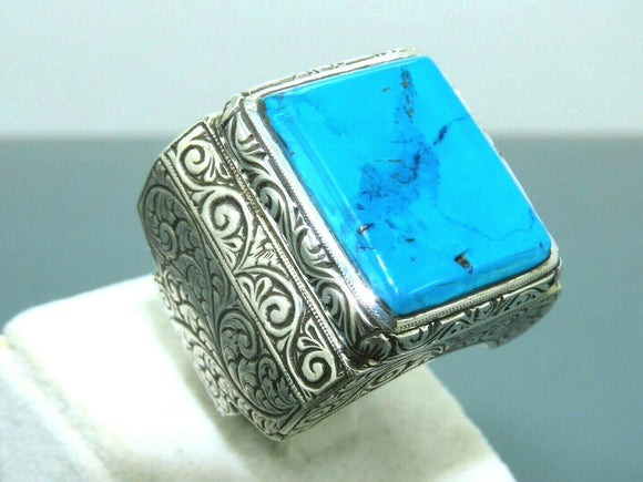 Turkish Handmade Jewelry 925 Sterling Silver Turquoise Stone Engraved Mens Rings