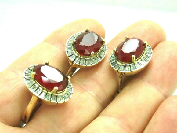 Turkish Handmade Jewelry 925 Sterling Silver Ruby Stone Women's Earrings & Ring Jewelry Set