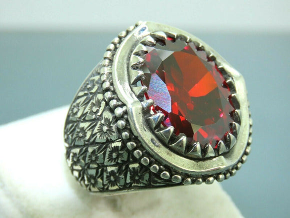 Turkish Handmade Jewelry 925 Sterling Silver Garnet Stone Engraved Mens Rings