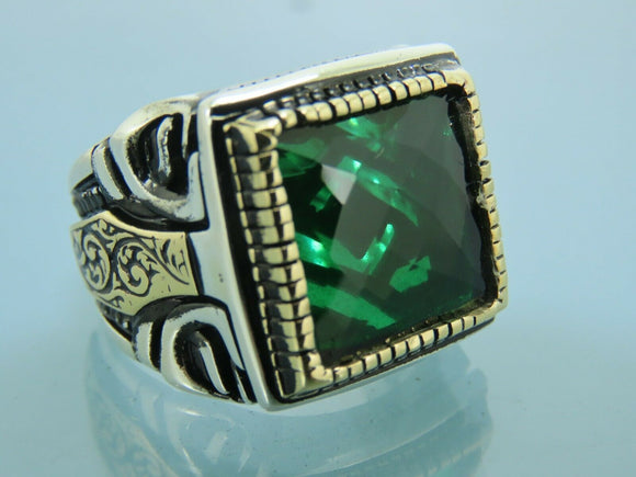 Turkish Handmade Jewelry 925 Sterling Silver Emerald Stone Mens Rings