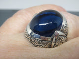 Turkish Handmade Jewelry 925 Sterling Silver Sapphire Stone Engraved Mens Rings
