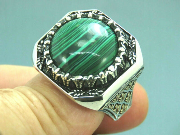 Turkish Handmade Jewelry 925 Sterling Silver Malachite Stone Men's Rings