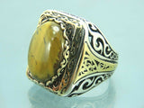 Turkish Handmade Jewelry 925 Sterling Silver Tiger's Eye Stone Mens Rings