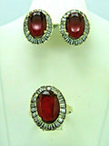Turkish Handmade Jewelry 925 Sterling Silver Ruby Stone Women's Earrings & Ring Jewelry Set