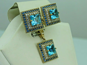 Turkish Handmade Jewelry 925 Sterling Silver Aquamarine Stone Women's Earrings & Pendant Jewelry Set