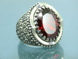 Turkish Handmade Jewelry 925 Sterling Silver Garnet Stone Engraved Mens Rings