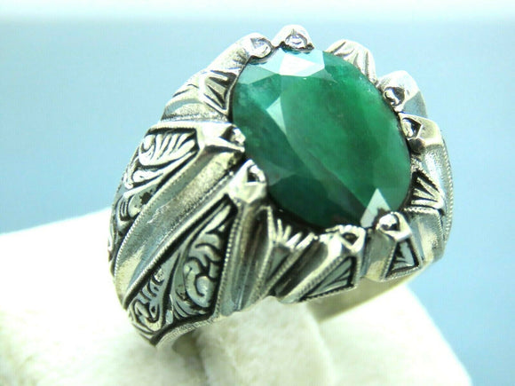 Turkish Handmade Jewelry 925 Sterling Silver Emerald Stone Mens Rings