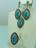 Turkish Handmade Jewelry 925 Sterling Silver Turquoise Stone Women's Earrings, Pendant & Ring Jewelry Set
