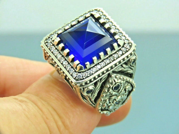 Turkish Handmade Jewelry 925 Sterling Silver Sapphire Stone Mens Rings