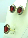 Turkish Handmade Jewelry 925 Sterling Silver Ruby Stone Women's Earrings & Ring Jewelry Set