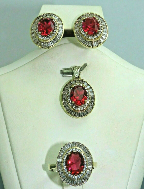 Turkish Handmade Jewelry 925 Sterling Silver Ruby Stone Women's Earrings, Pendant & Ring Jewelry Set