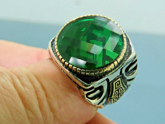 Turkish Handmade Jewelry 925 Sterling Silver Emerald Stone Mens Rings