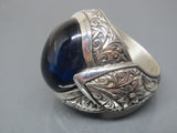 Turkish Handmade Jewelry 925 Sterling Silver Sapphire Stone Engraved Mens Rings