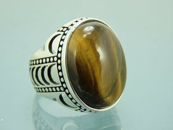 Turkish Handmade Jewelry 925 Sterling Silver Tiger's Eye Stone Mens Rings