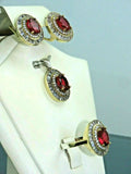 Turkish Handmade Jewelry 925 Sterling Silver Ruby Stone Women's Earrings, Pendant & Ring Jewelry Set