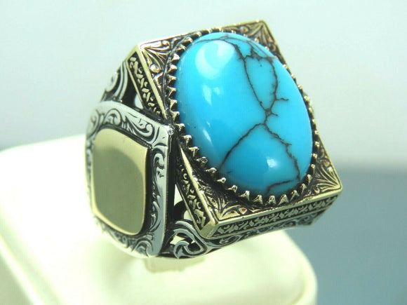 Turkish Handmade Jewelry 925 Sterling Silver Turquoise Stone Mens Rings