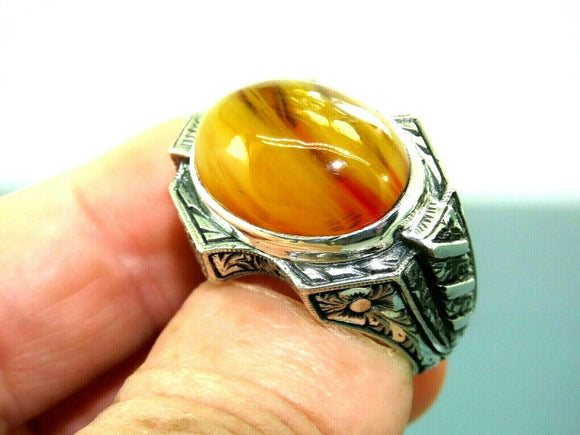 Turkish Handmade Jewelry 925 Sterling Silver Engraved Agate Stone Mens Rings