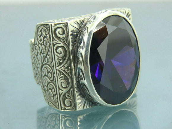 Turkish Handmade Jewelry 925 Sterling Silver Amethyst Stone Engraved Mens Rings