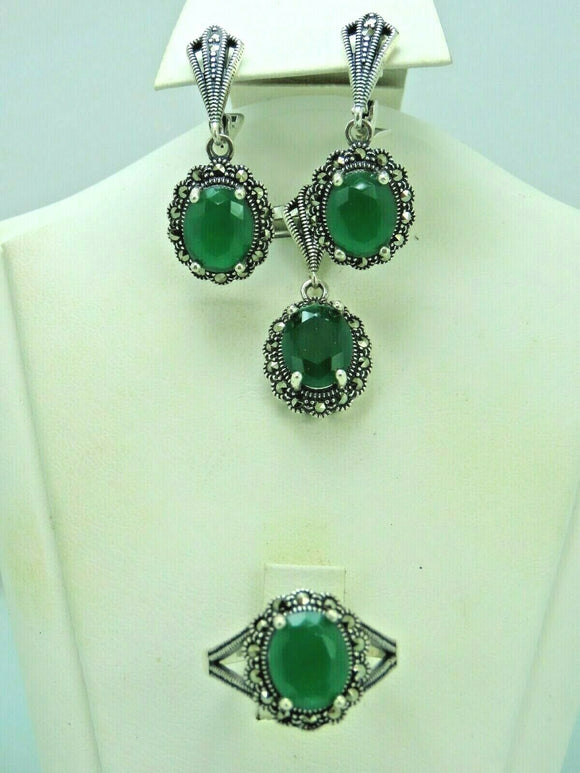 Turkish Handmade Jewelry 925 Sterling Silver Emerald Stone Women's Earrings, Pendant & Ring Jewelry Set