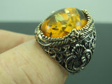 Turkish Handmade Jewelry 925 Sterling Silver Amber Stone Mens Rings